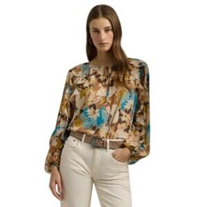Lauren Ralph Lauren Women's Floral Tie-Neck Top in Tan Multi